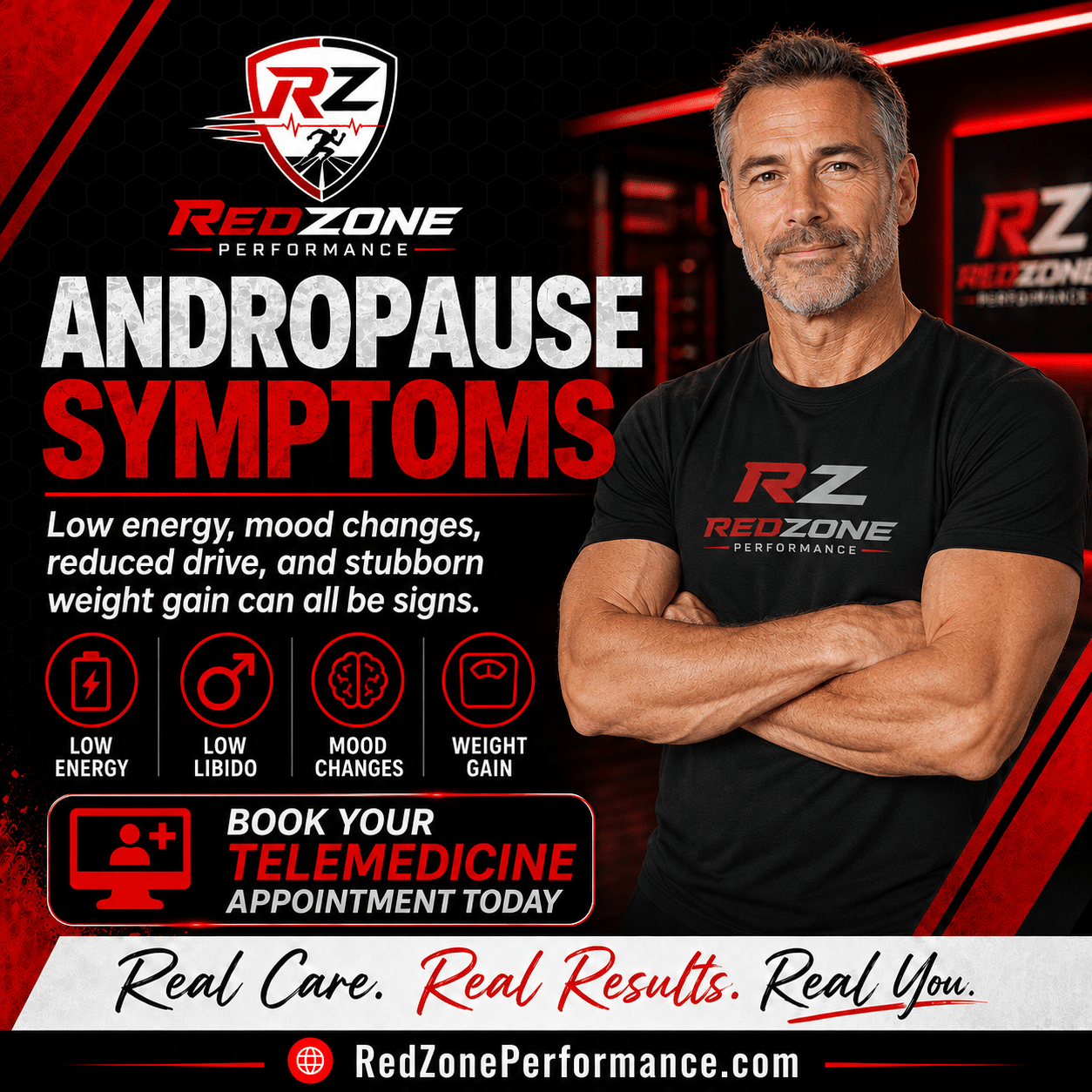 A confident man taking control of his health by booking a telemedicine consultation for andropause symptoms online.