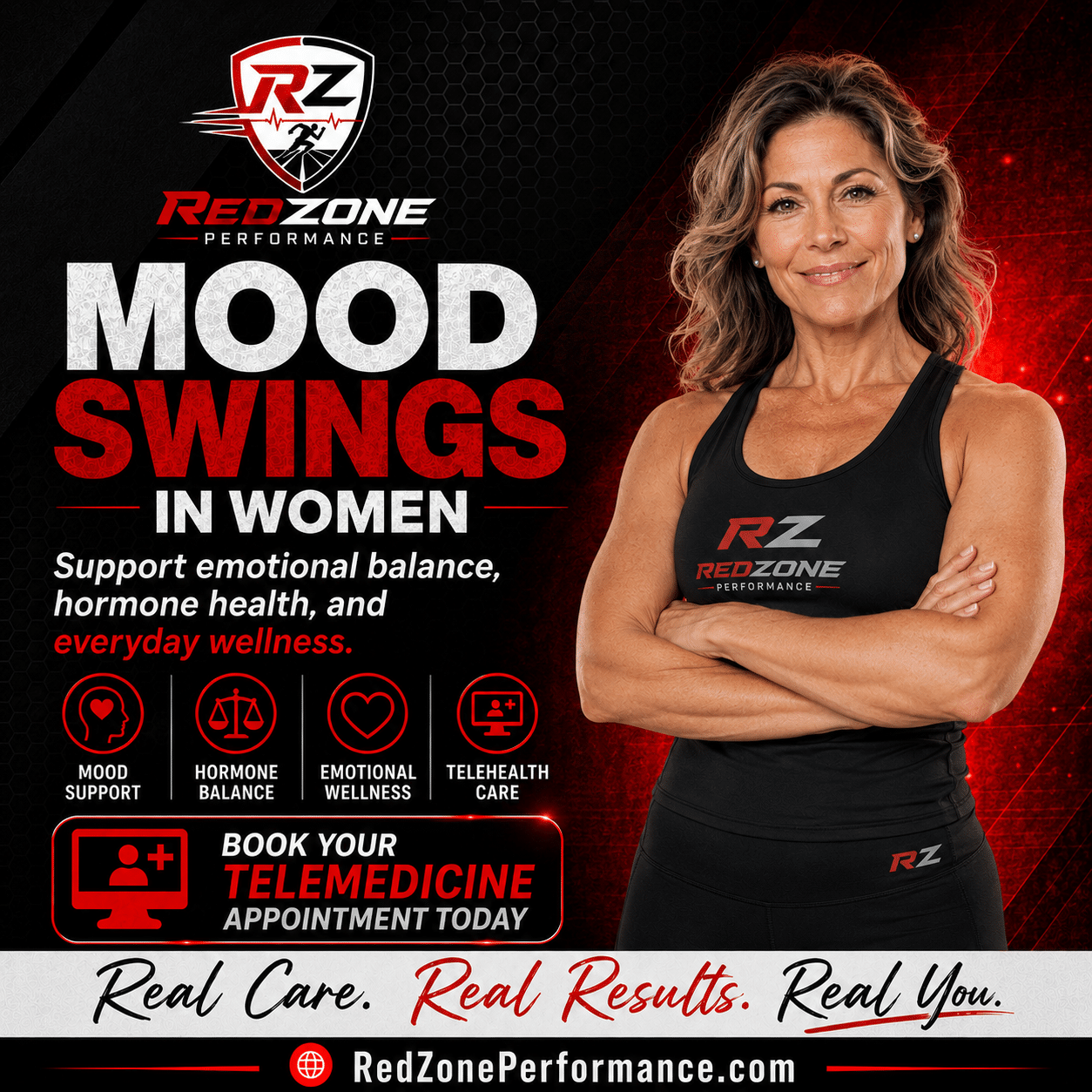 A calm, smiling woman feeling emotionally balanced after starting her custom telemedicine protocol for mood swings.