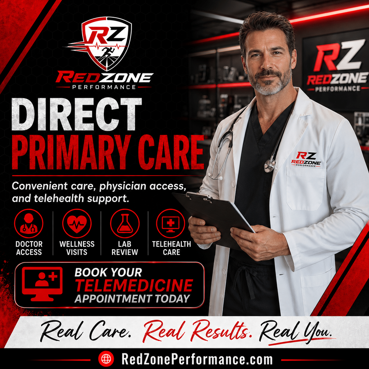 A relaxed patient booking a direct primary care telemedicine appointment from the comfort of their home office.